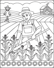 A cheerful farmer working in corn field vector outline coloring page for kids