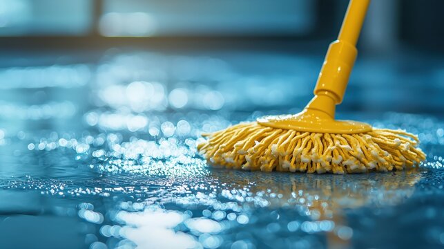 Yellow string mop swirling across wet blue surface, generating soapy bubbles while wiping away dirt and sanitizing flooring