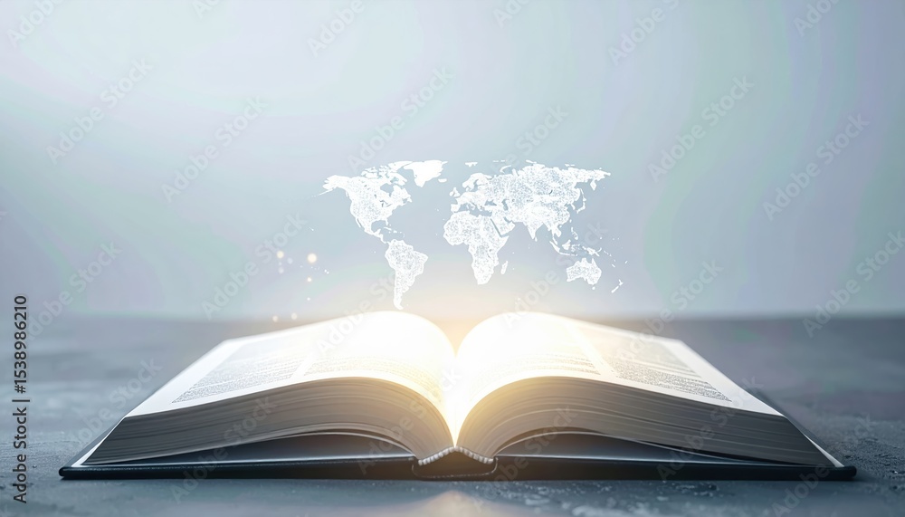Poster open book with glowing pages and overlay of world map for knowledge and learning themes