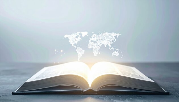 Open Book with Glowing Pages and Overlay of World Map for Knowledge and Learning Themes - Powered by Adobe