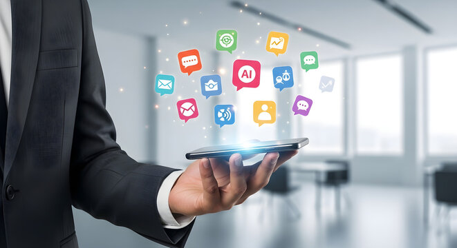 A businessman holding a phone with communication icons floating above the screen isolated on white background, tarensparent background, png, jpg,jpeg,  on transparent background