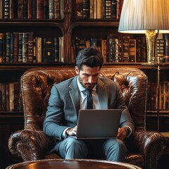 A man works on a laptop in a cozy library setting, surrounded by books.