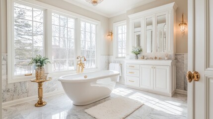 Luxurious bathroom with a freestanding tub, elegant lighting, and marble accents.