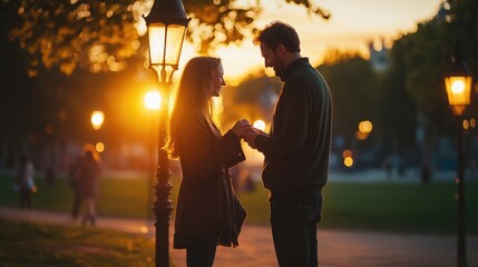 A couple shares a romantic moment under street lamps at sunset.