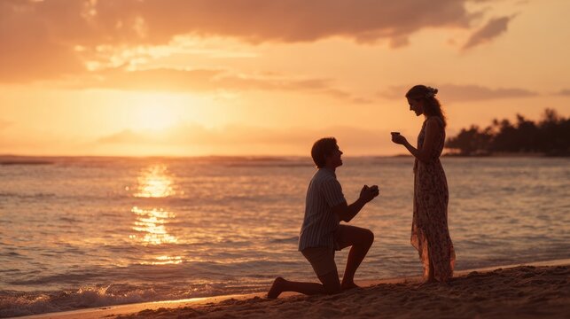 A romantic beach proposal at sunset with a couple in love.