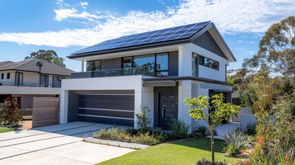 Modern house with solar panels, landscaped garden, and driveway under a clear blue sky.