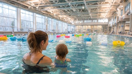 Mother and child enjoying time together in a swimming pool filled with colorful floats.
