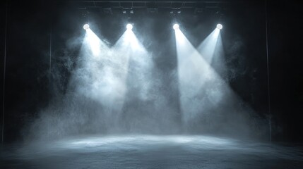 Spotlights illuminate a foggy stage, creating a dramatic atmosphere for performances.