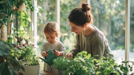 A mother and child engaging in gardening together indoors.