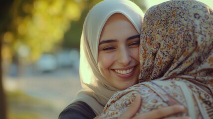 Two women embrace warmly, showcasing joy and connection in a natural setting.