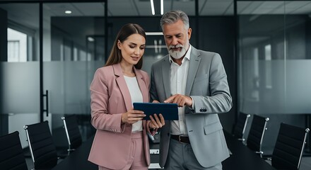 Experienced Male and Female Business Partners Discussing Strategy and Reviewing Data on a Tablet Device During a Standing Meeting.
