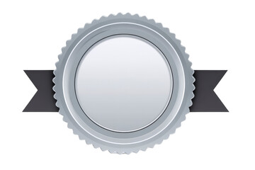 Round silver badge with blank center is adorned with black ribbon, creating classic and elegant design suitable for awards or certificates