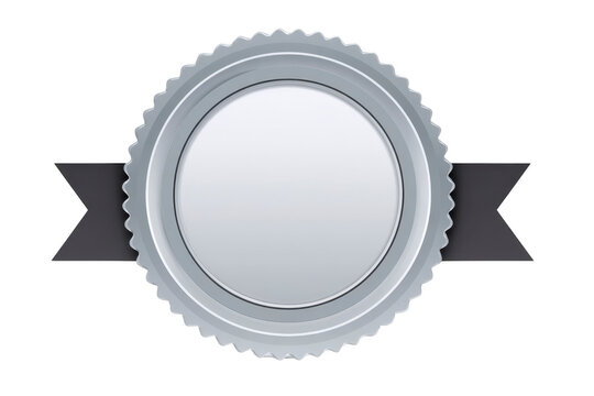 Round silver badge with blank center is adorned with black ribbon, creating classic and elegant design suitable for awards or certificates