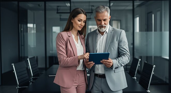 Busy Professional Man and Woman, Both Senior Executives, Working Efficiently on a Digital Project Using a Tablet in a Corporate Environment.