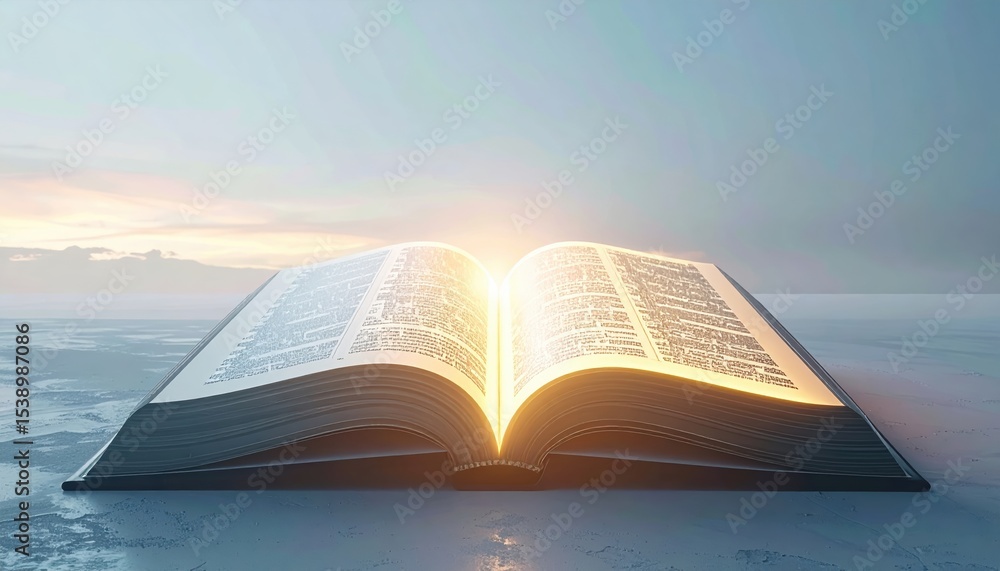 Poster open book on table with bright light emanating from pages at dawn or dusk