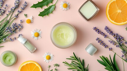 Skincare products arranged on a pastel pink surface.