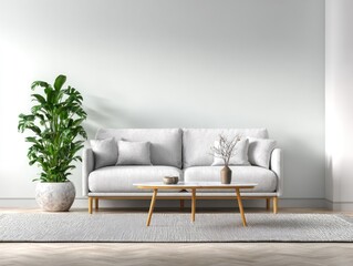 Minimalist living room with white sofa, light wood coffee table, area rug, potted plant, and simple decor against a white wall