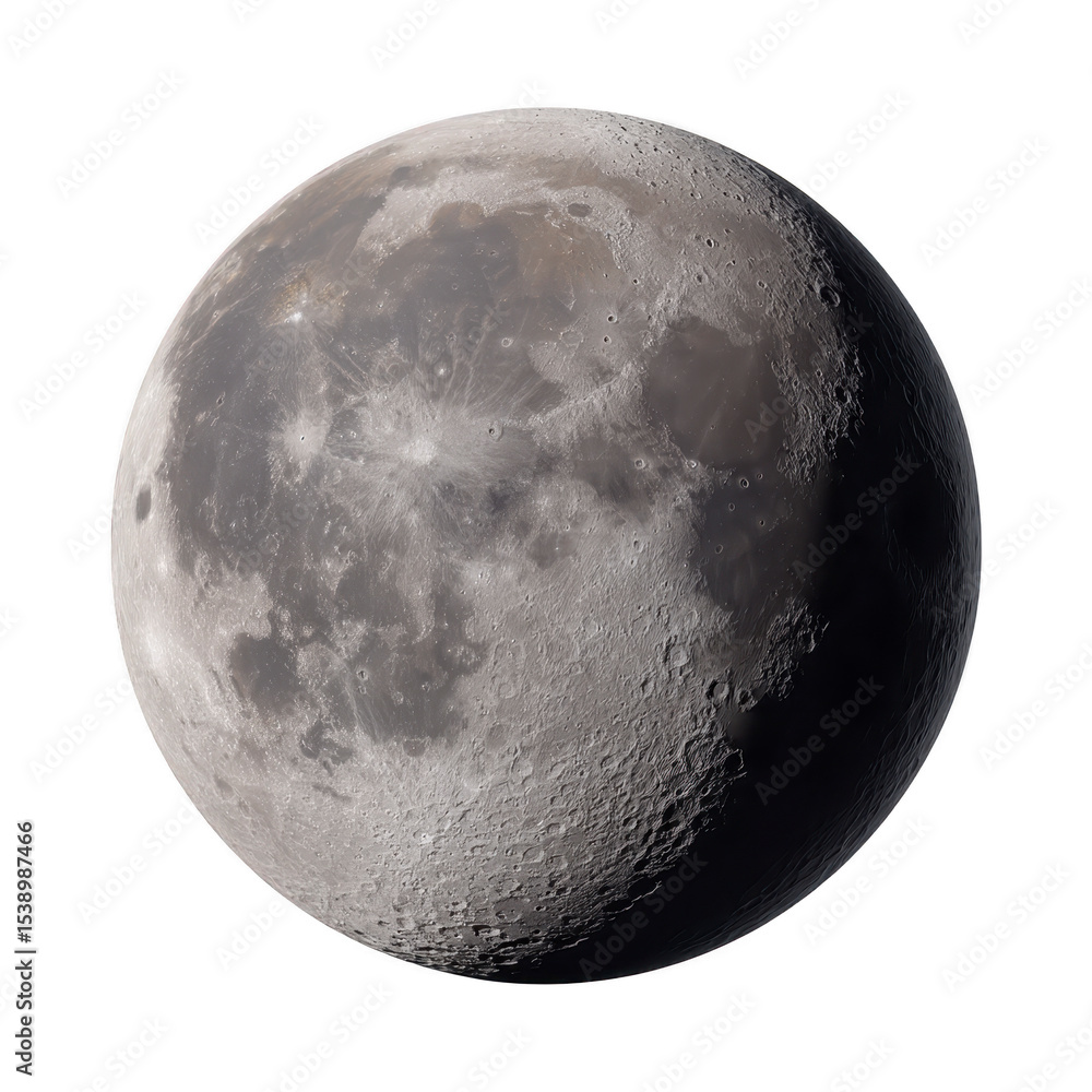 Poster image shows detailed view of moon surface, highlighting its craters and textures. moon appears in ph