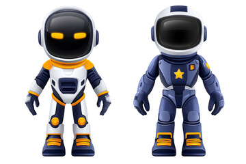 Two cartoon astronauts futuristic suits stand side by side, showcasing vibrant colors and sleek designs. left astronaut wears white and orange suit, while right one sports blue and yellow outfit