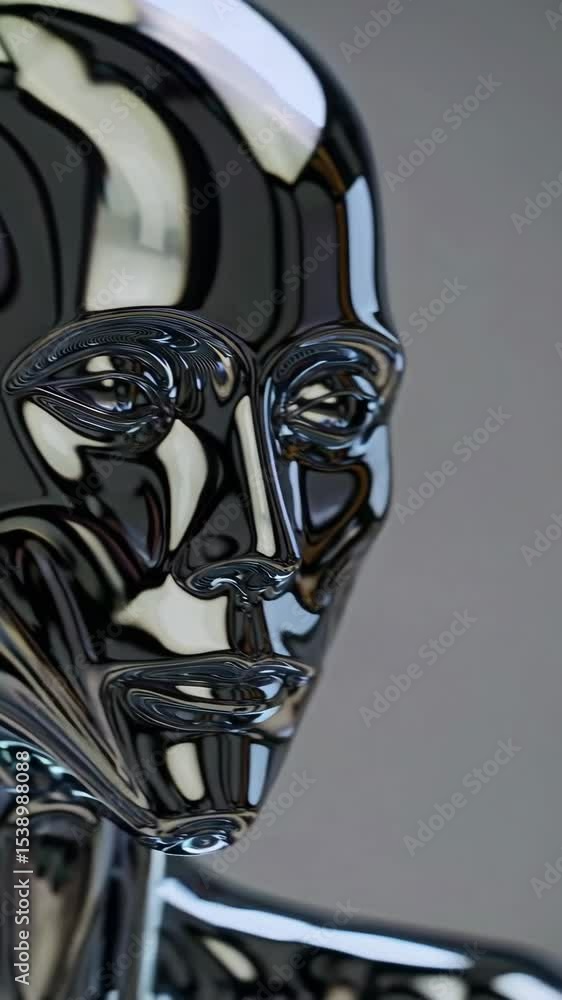 Poster Closeup of reflective metallic robot head turning in sequence