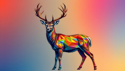 experimental color gradient with geometric textured deer in line art — body filled with layered triangle and square patterns.