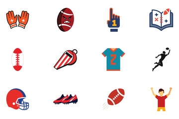 American Football Equipment and Game Elements Icon Set