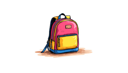 Fototapeta premium Colorful children's backpack with pink and yellow design in simple sketch style 