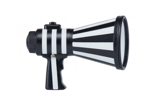 Black and white striped megaphone with handle and trigger, designed for amplifying sound, stands out with its bold pattern. device is commonly used for public announcements and events