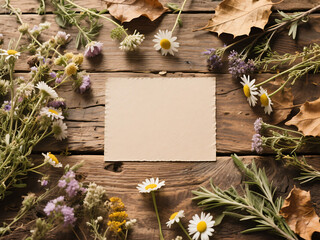 Rustic Wildflower Flat Lay on Wooden Table with Natural Texture
