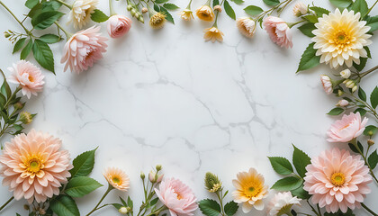 Elegant Floral Flat Lay on White Marble with Pastel Flowers