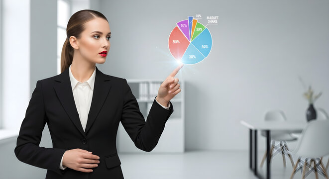Businesswoman presenting a pie chart with her finger in a bright office space isolated on white background, tarensparent background, png, jpg,jpeg, on transparent background