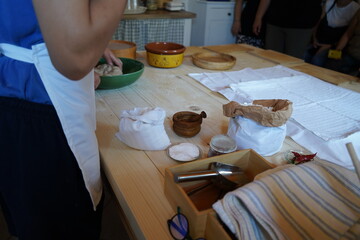 A traditional Greek kitchen scene preparing 