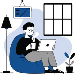 Man working from home enjoying coffee and laptop in a cozy interior