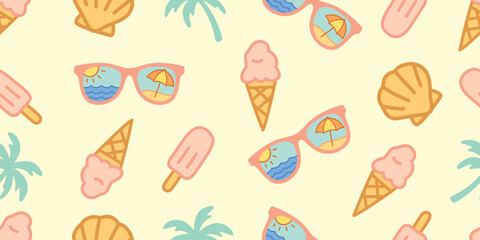 Palm trees, Ice cream bar, Ice cream cone, Scallop Shell, Sunglasses seamless pattern. Hawaii summer fashion for fabric, textiles, clothing, poster