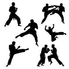 Silhouettes of martial artists in various stances