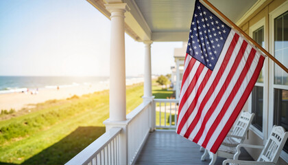 American flag waving on porch with beach view in summer sunlight