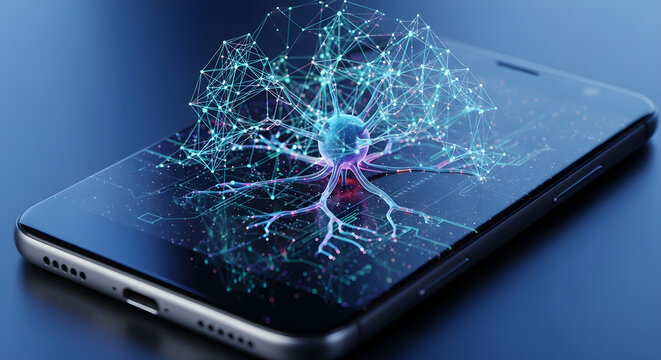 A cell and network graphic displayed on a smartphone screen with blue background isolated on white background, tarensparent background, png, jpg,jpeg,  on transparent background