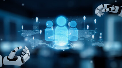 Fototapeta premium AI boosts people networking with artificial intelligence insights, virtual assistant introductions, and AI-enhanced digital business engagement. Kernel
