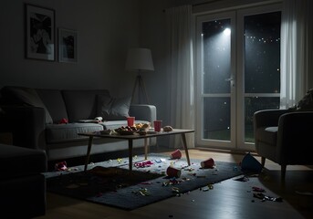 Messy Living Room After a Night Party Dark, Rainy Night