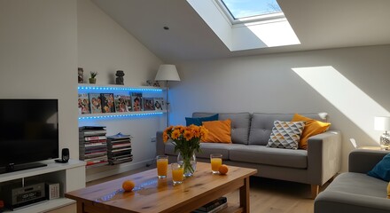 Modern Loft Apartment Living Room Design with Skylight