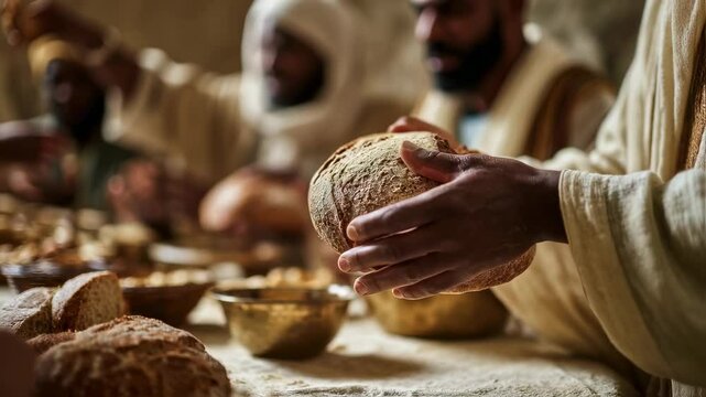 Jesus christ, wearing a white tunic, holds a loaf of bread in his hands, sharing it with his disciples during the last supper, a pivotal moment of faith and communion