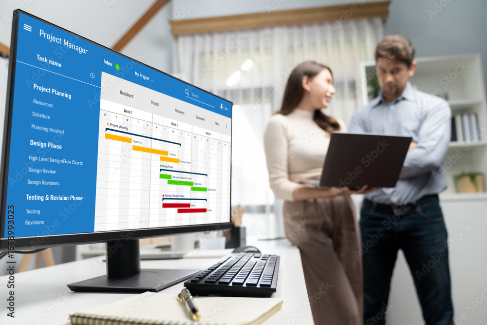 Poster project planning software for brisk business project management on the computer screen showing timel