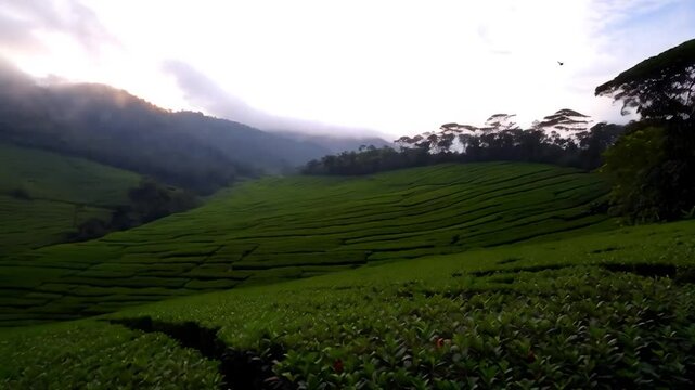 Misty tea plantation hillscape
