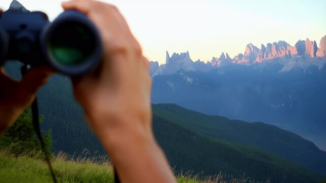 Person looking through binoculars at mountain range.