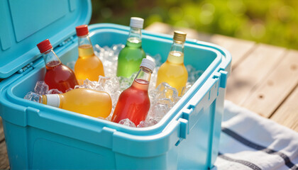 Open blue cooler with colorful drinks on ice in natural setting  