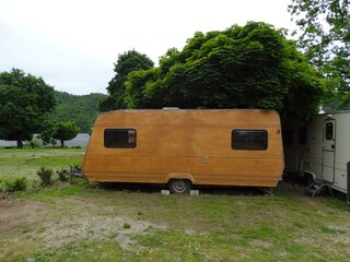 Wooden caravan at a campsite in the Czech Republic