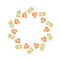 Autumn fall. Autumn leaves circle frame. Round border made of fall leaves in orange, yellow, and green. Vector flat isolated on white background.