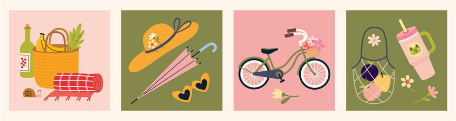Square summer compositions with picnic basket, straw hat, sunglasses, umbrella, bicycle with flowers, fruit bag and reusable drink cup. Trendy modern vector illustration, hand drawn, flat design