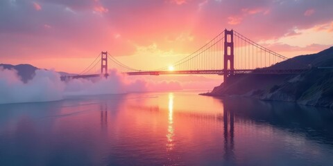 Serene Sunset Vista Majestic Suspension Bridge Enveloped in Morning Mist, Reflecting Golden Hour Light on Calm Waters