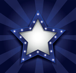 Obraz premium Vector illustration of glowing blue star on bright background with place for text. Element of show, badge, ceremony, movie poster or award. Bright neon style for banners and design